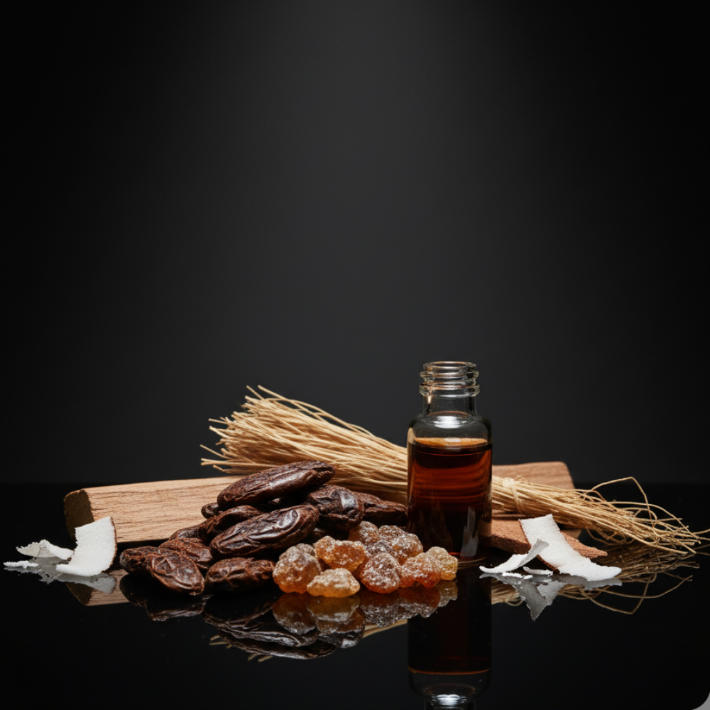 Bitchy Cherry Duftprofil – Basisnote: Perubalsam, Tonkabohne, Benzoin, Kokosnuss, Vetiver, Zedernholz (dunkler Studiohintergrund)