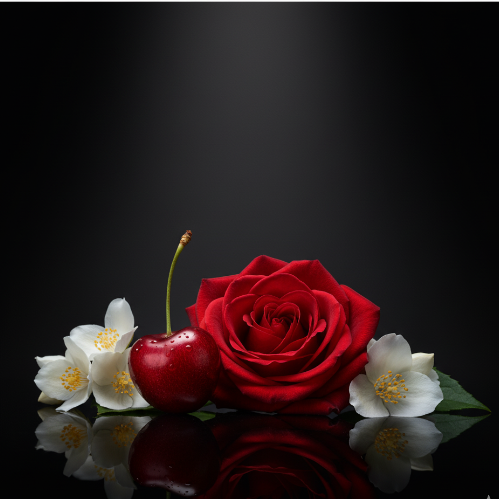 Bitchy Cherry Duftprofil – Herznote: Jasmin, Rose, Kirsche (dunkler Studiohintergrund)