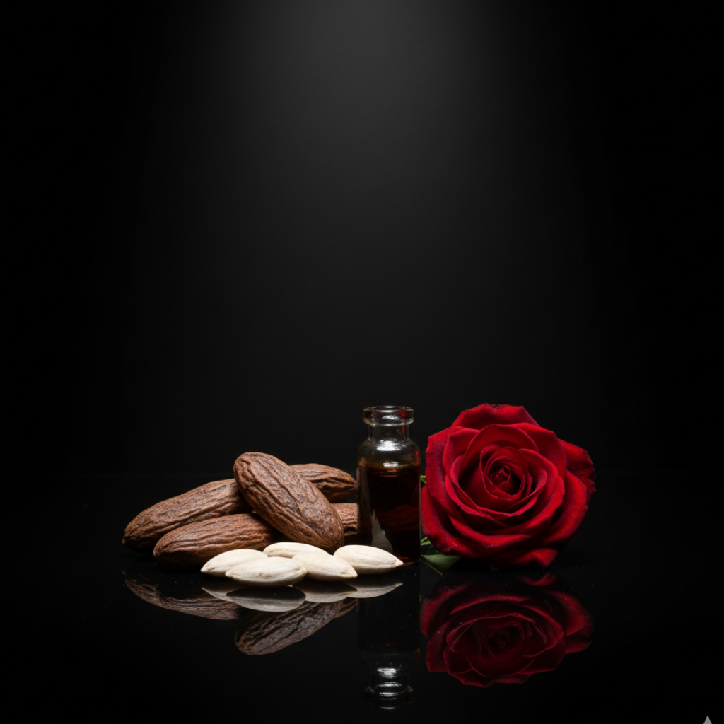 Bitchy Cherry Duftprofil – Kopfnote: Tonkabohne, Perubalsam, Rose, Bittermandel (dunkler Studiohintergrund)